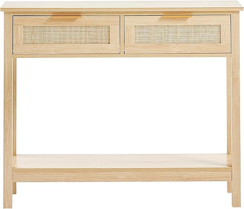 Miniatura 9 de VEVOR Mesa consola de ratán con 2 cajones de almacenamiento, mesa de entrada de ratán con puerta corredera de ratán natural, mesa de sofá para sala