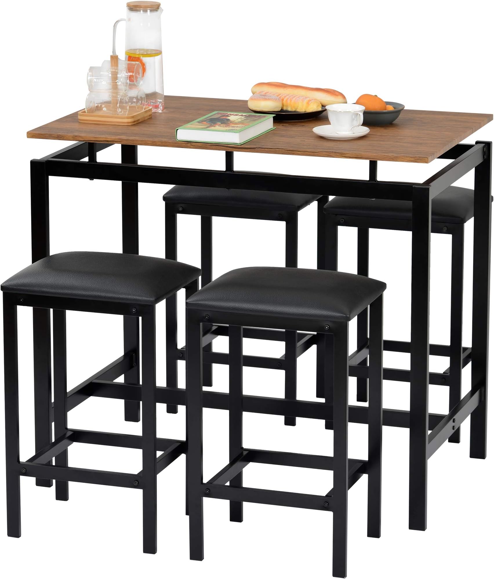 WEALTHGIRL Breakfast Bar Table and Stool Set, Bar Table and 4 Stools Kitchen Set with Padded Seat Breakfast Small Dining Table and 4 Chairs Set for Kitchen, Living Room, Party Room (Brown)
