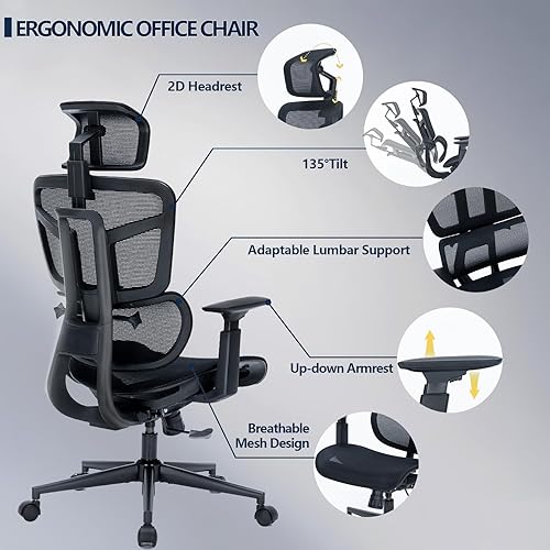 Miniatura 3 de Silla de oficina ergonómica, sillas de escritorio de malla con respaldo alto para oficina en casa con reposacabezas 2D, silla ejecutiva ajustable