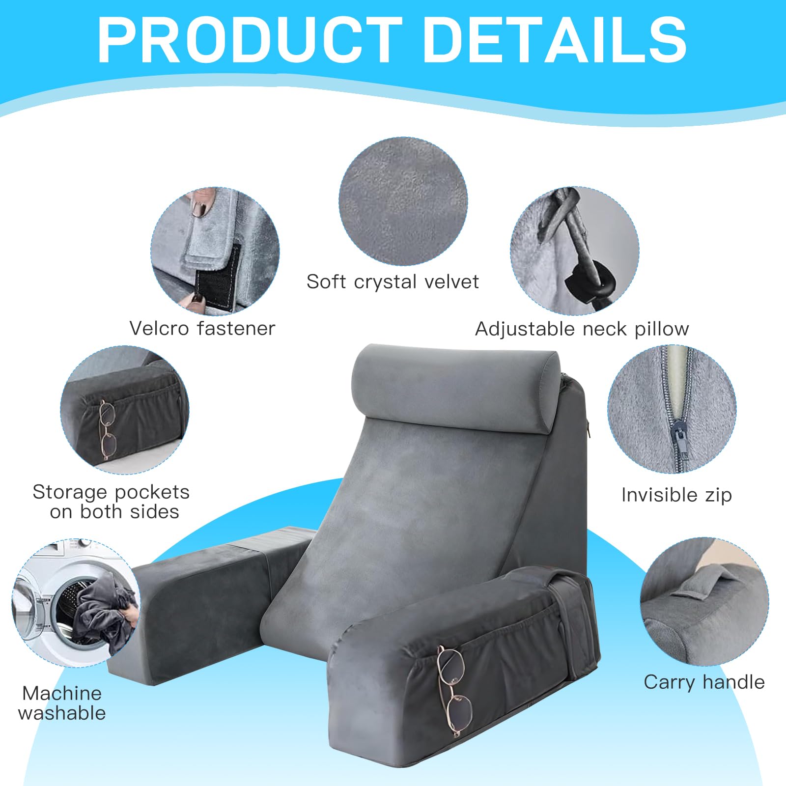 Bocguy Cojín de Lectura para Adultos，Cojín de Respaldo Suave para Lectura y Descanso - Comodidad Total en Cama o Sofá con Soporte Lumbar y Bolsillo para Guardar tu Teléfono y Mando
