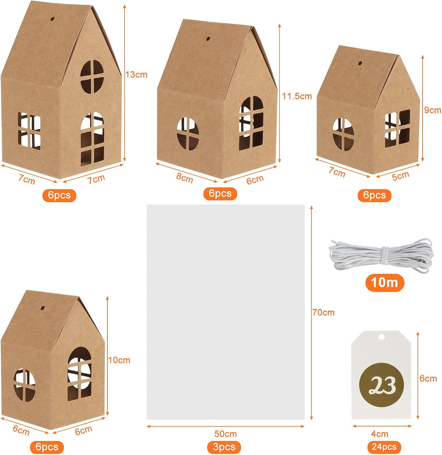 GWHOLE 24Pcs Empty Advent Calendar to Fill, Paper House Shaped Gift Boxes with 1-24 Number Tags Countdown to Christmas, Christmas Treat Boxes for Xmas Decoration Party Favors