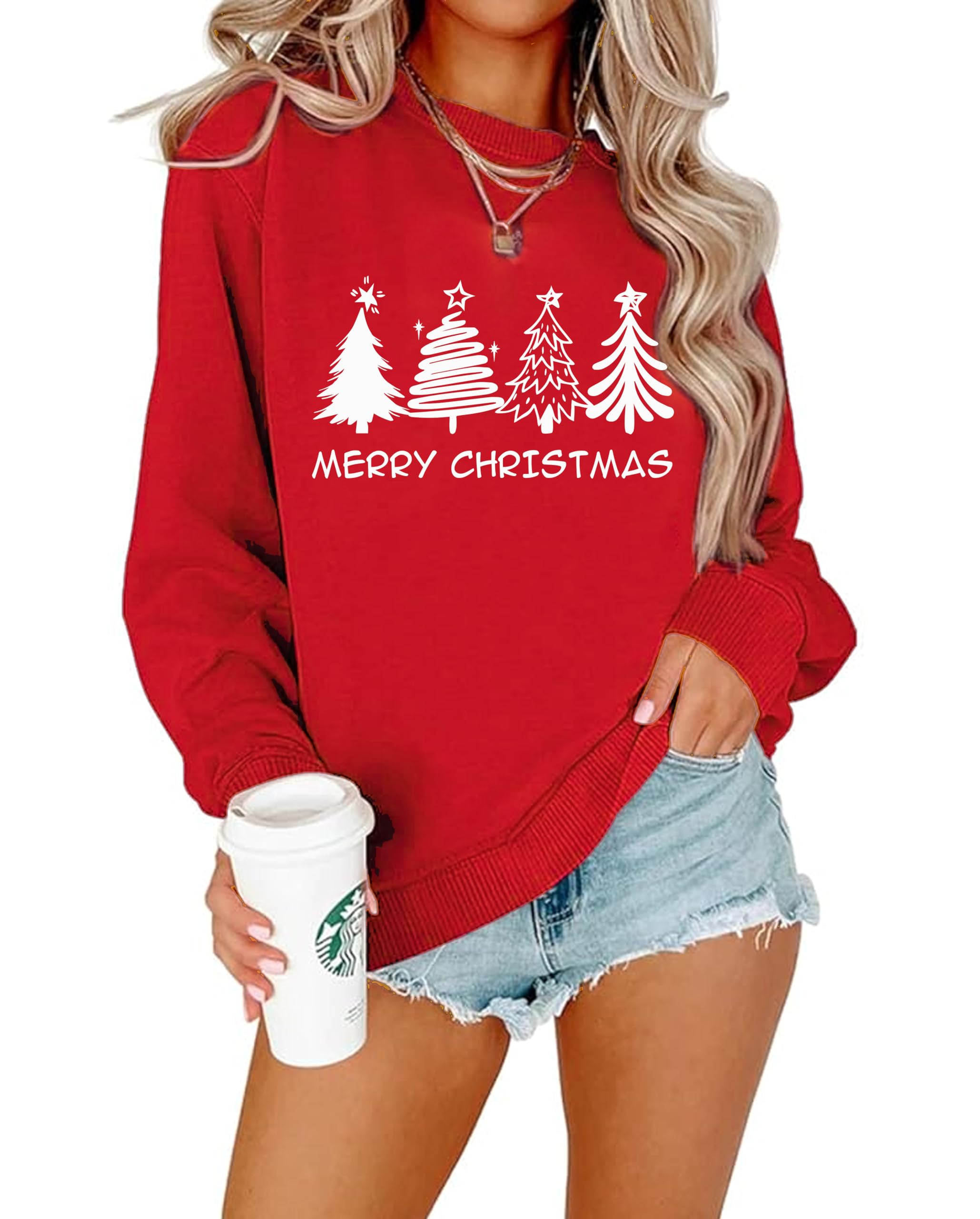 Womens Christmas Sweatshirt Christmas Tree Graphic Long Sleeve Shirts Xmas Holiday Pullover Tops Blouse