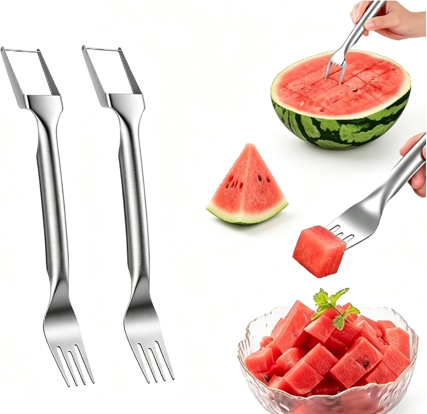 2 PCS Watermelon Cutter, 2-in-1 Watermelon Slicer Cutter Tool, Efficient Fruit Cutting Solution, Dual-Head Stainless Steel Watermelon Slicer, Set of Two Watermelon Cutter Slicer Tools