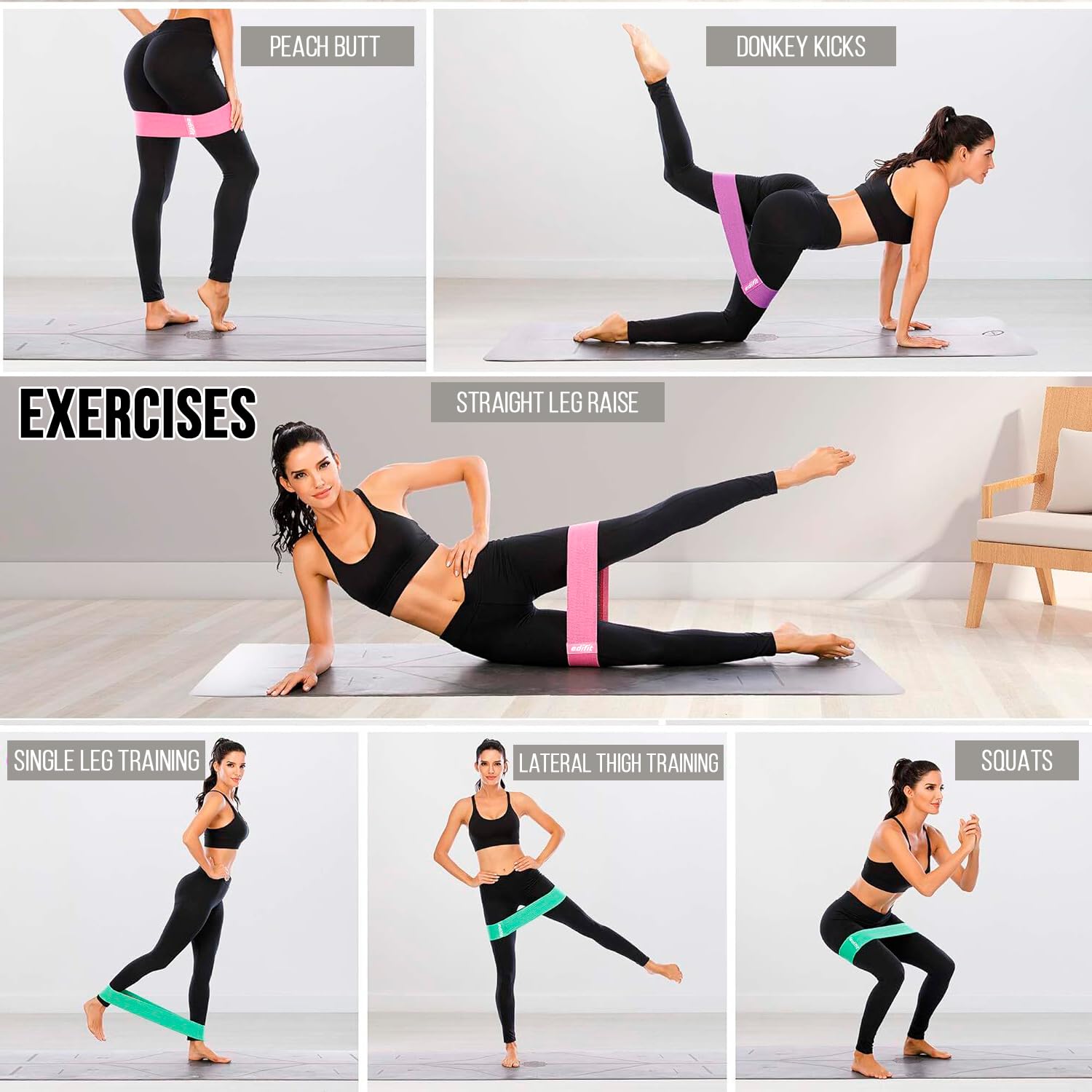 Edifit, Taśmy oporowe, elastyczne taśmy z 3 poziomami oporu, do ćwiczeń, antypoślizgowe, gumowe, 3 sztuki, do siłowni, jogi, crossfitu, pilatesu lub treningu domowego