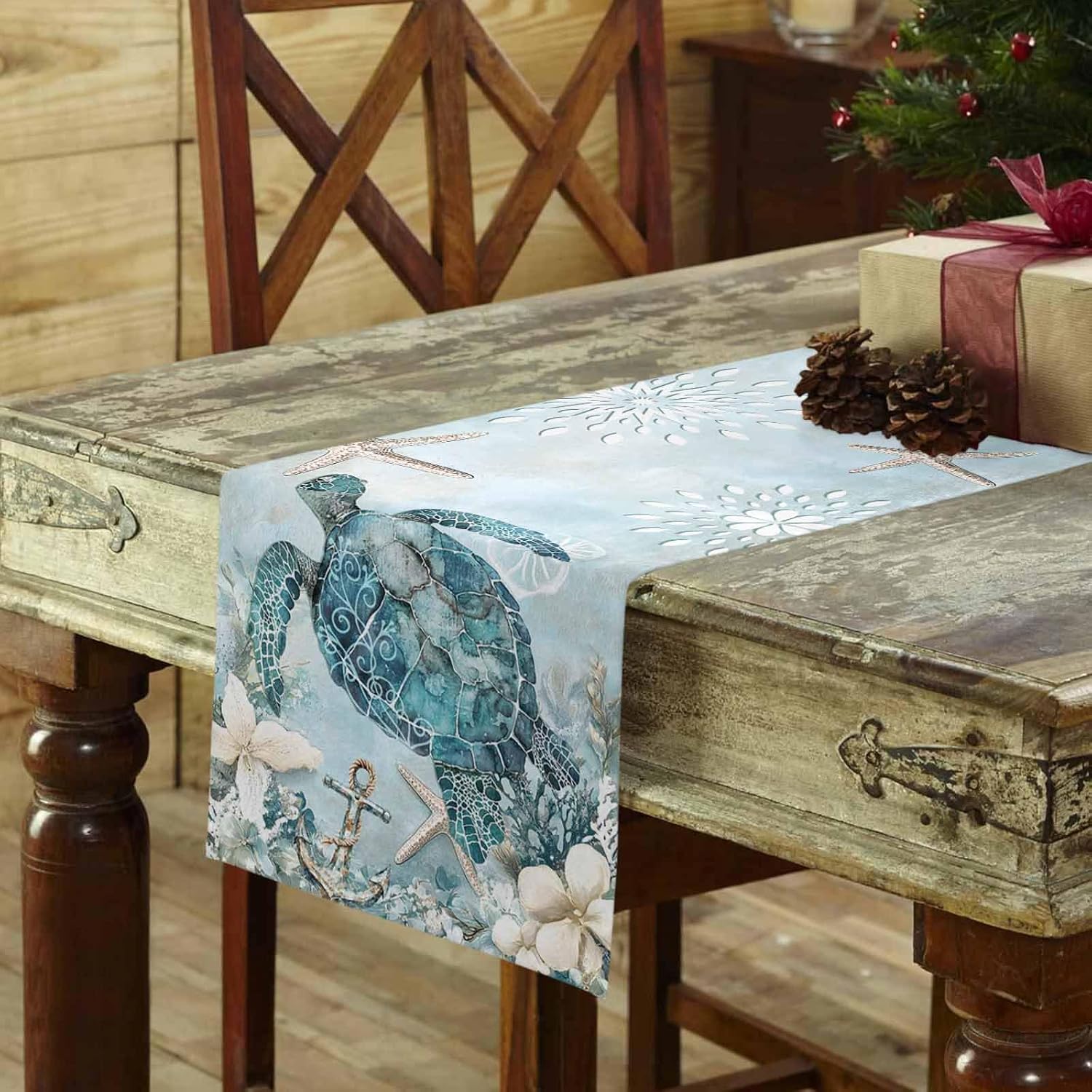 Retro Ocean Table Runner 108" Long Marine Life Light Blue Turtle Starfish Coral Coffee Table Runners for Kitchen/Dining Summer Runners for Party Home Decor Dresser Scarves Tabletop Decor 13x108in
