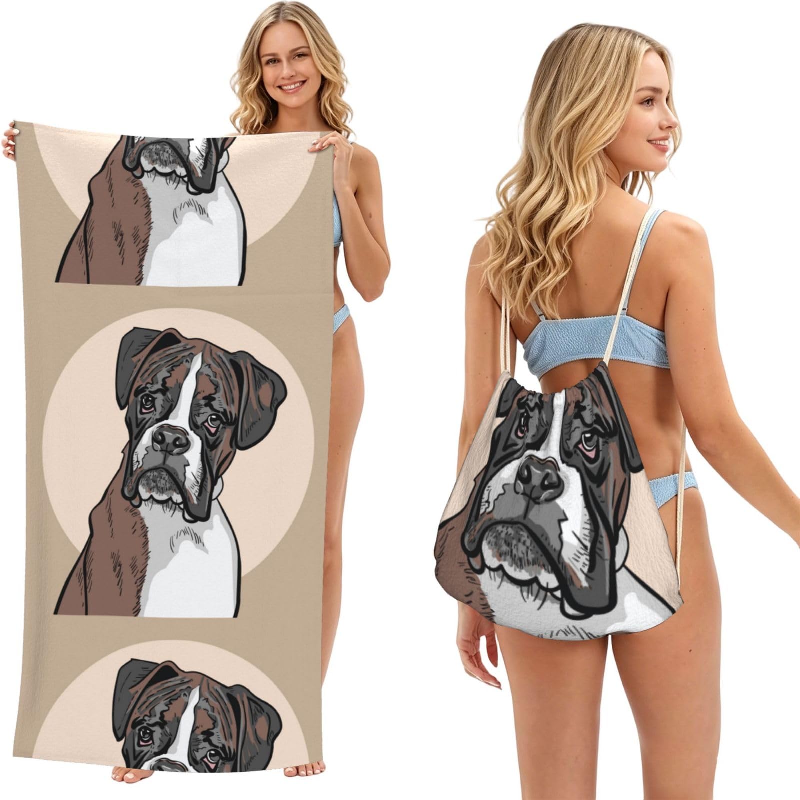 Poadnly As Picture Dog Boxer, 2 In 1 Packable Towel Bag, Beach Towels With Drawstring Backpack For Travel Holiday Camping