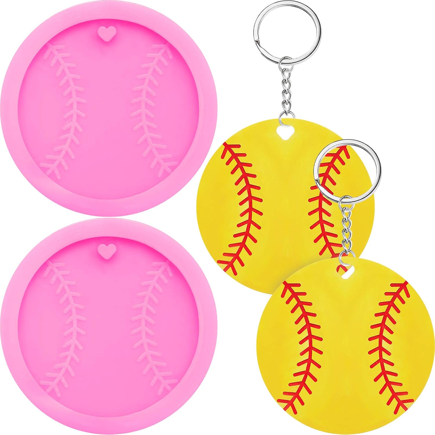 2 Pieces Baseball Silicone Mold Sports Ball Silicone Mold Baseball Shape DIY Baking Mold Keychain Silicone Mold with 10 Pieces Keyrings for Keychain Candy Ice Cream Cake Pudding Soap Decoration