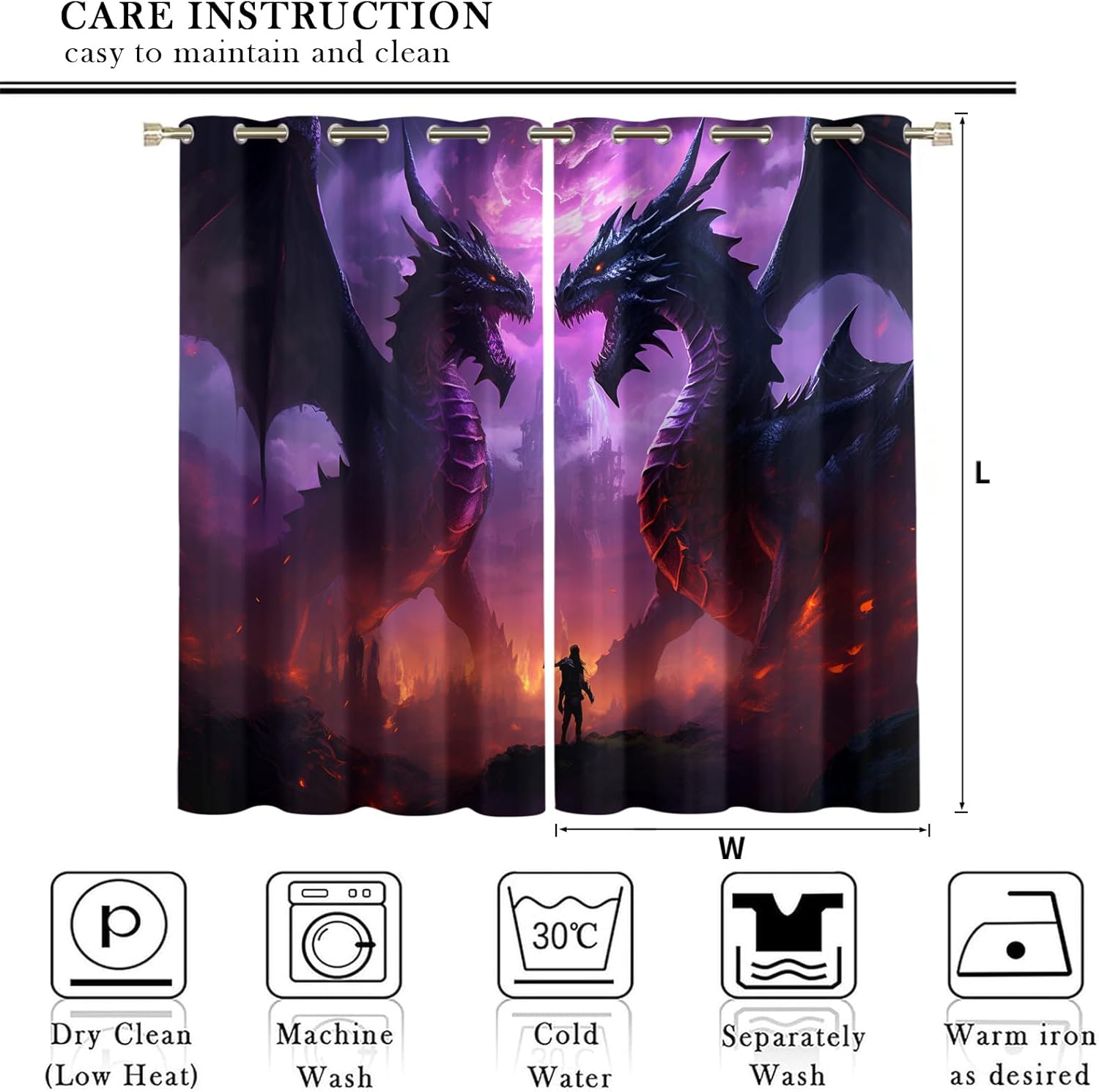 Purple Dragon Blackout Curtains for Bedroom Living Room, Dragon Decor Curtains & Home Decor, Animal Pattern Window Treatments, Thermal Grommet Kids Adults Men Drapes, 63" Curtains 2 Panel Set