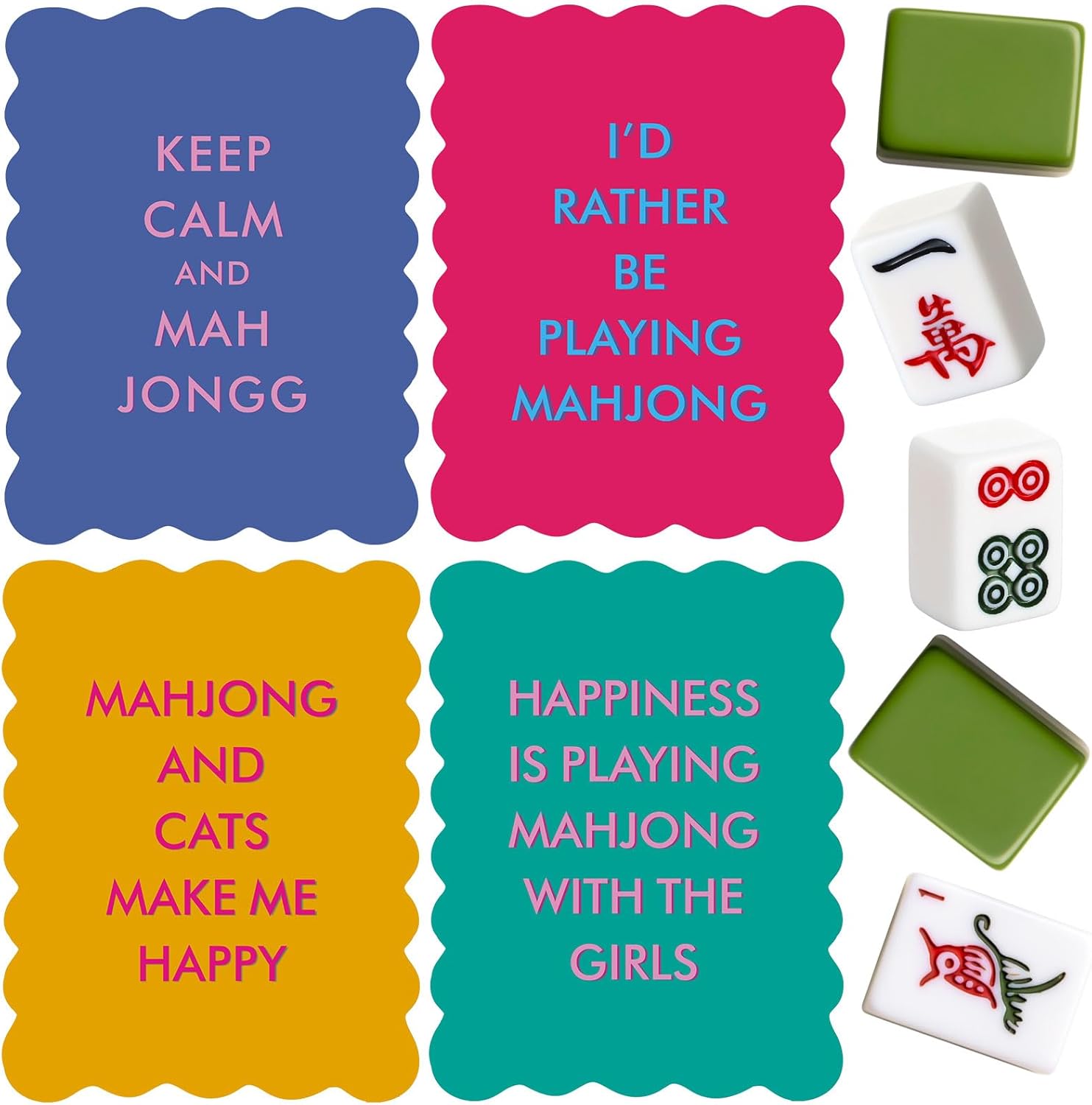 Maitys 4 Pcs Color Mahjong Shuffler Cards with Funny Sayings for Mixing Shuffling Tiles Thick PVC Shufflers with Wavy Scalloped Edges Mahjong Accessories Gifts for Lovers Playing(Multicolor,Funny)