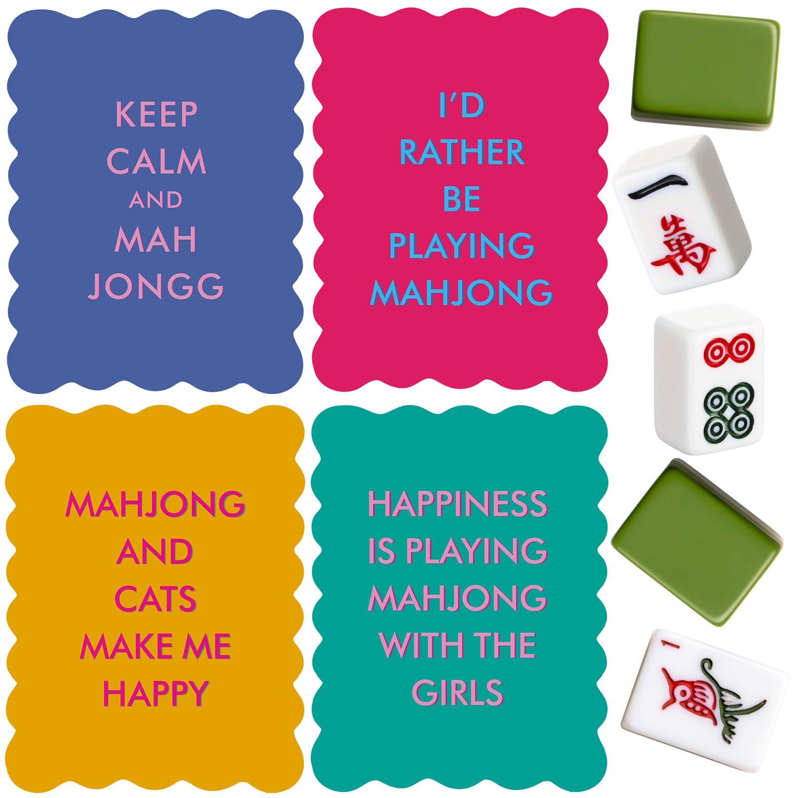 Maitys 4 Pcs Color Mahjong Shuffler Cards with Funny Sayings for Mixing Shuffling Tiles Thick PVC Shufflers with Wavy Scalloped Edges Mahjong