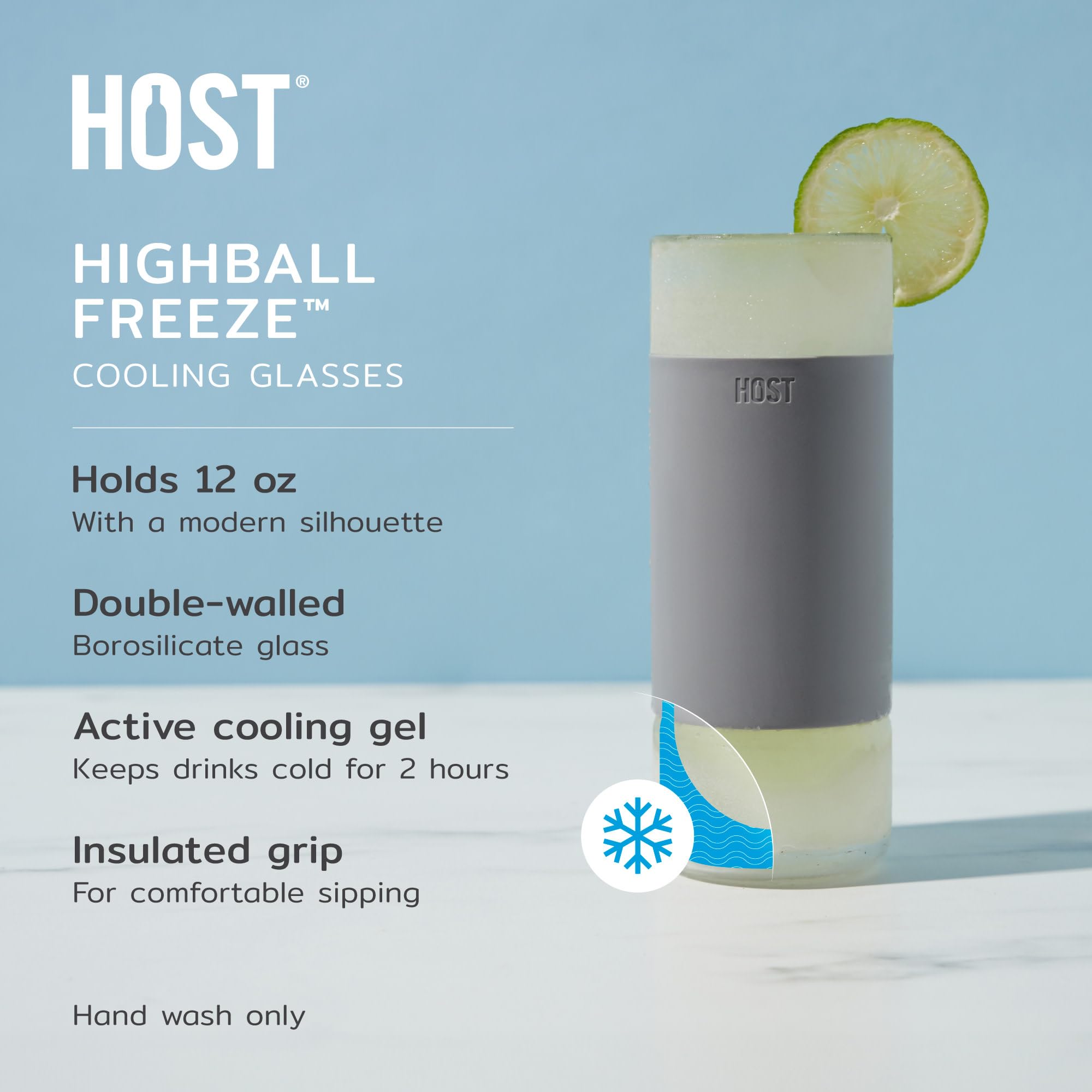 Host Highball Glass FREEZE Drinking Cups Frozen Glasses Set, Insulated Tumblers, Iced Coffee Cup Glass Tumbler 12oz Gray Cocktail Glasses Set of 2