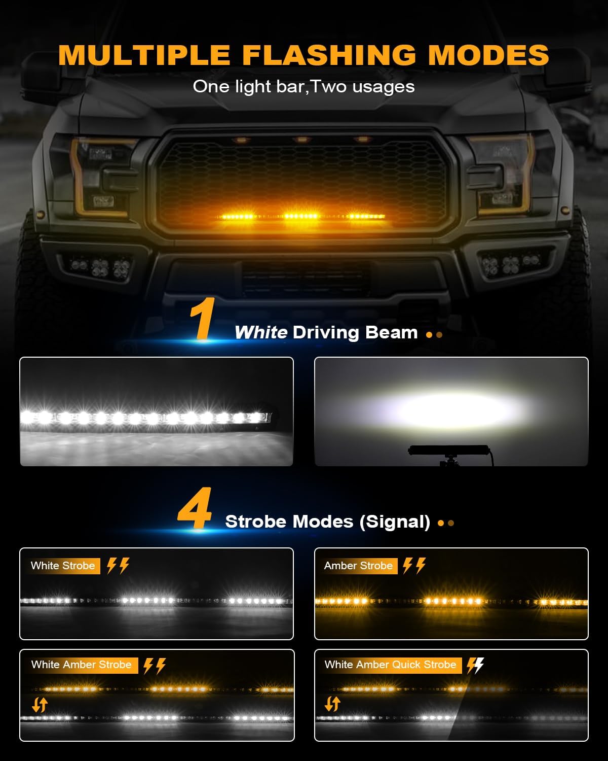 [White & Amber Strobe] 32 inch LED Light Bar Single Row Flashing Lights [Straight] Police with Wiring Harness for Off-Road Truck SUV UTV Car