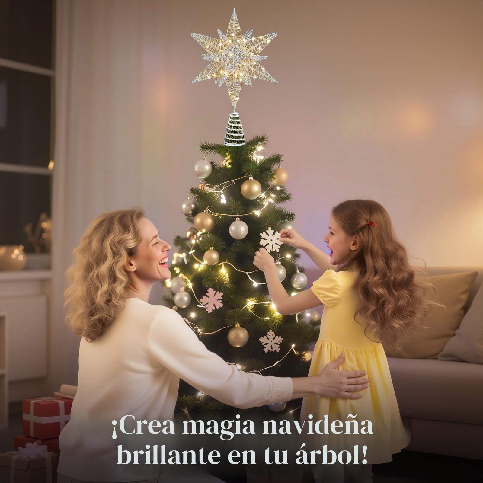 Lewondr Estrella para Copa del Árbol, 28CM Adorno para Árbol de Navidad con 8 Modos de Luces por USB con Mando a Distancia & Temporizador, Decoración Navideña del Hogar, Luz Cálida, Plata Blanco