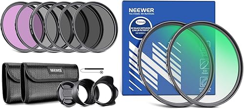 Neewer Kit de filtro de lente ND de 2.835 in (UV, CPL, FLD, ND2, ND4, ND8, parasol de lente, tapa de lente) y paquete de 2 filtros de lente de