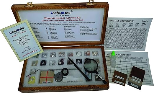Rocksmins Minerals Science Activity Kit in a Wooden Box MI20ACWB with 10 Testing Tools Worksheet Geology Puzzle 7 Sheets Set of 20 Handpicked Natural Minerals Specimens in Storage Tray for Education