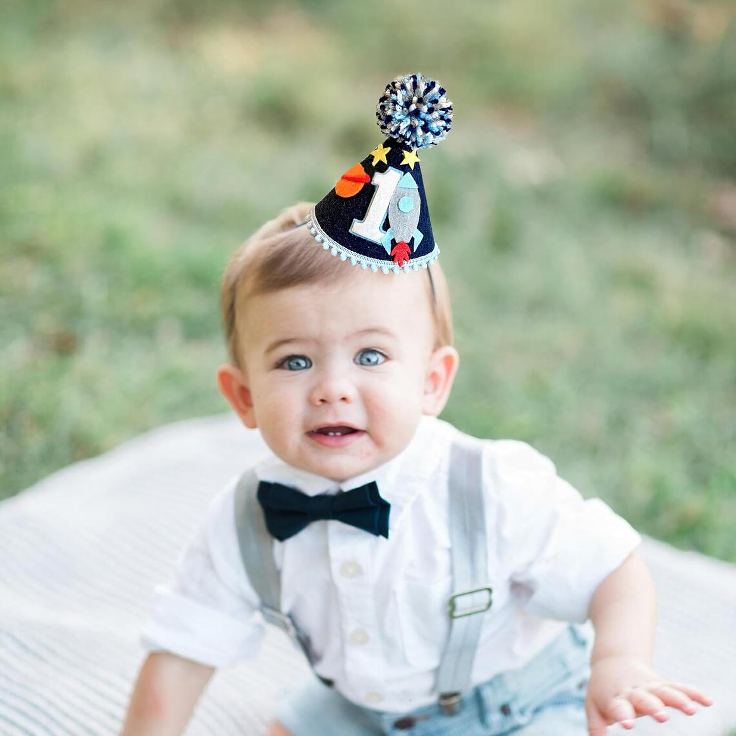 Outer Space First Birthday Hat Boy, Space Theme Party Decorations, Baby 1st Birthday Cone Hat with Rocket Design, One Year Old Party Crown for Cake Smash and Photo Props