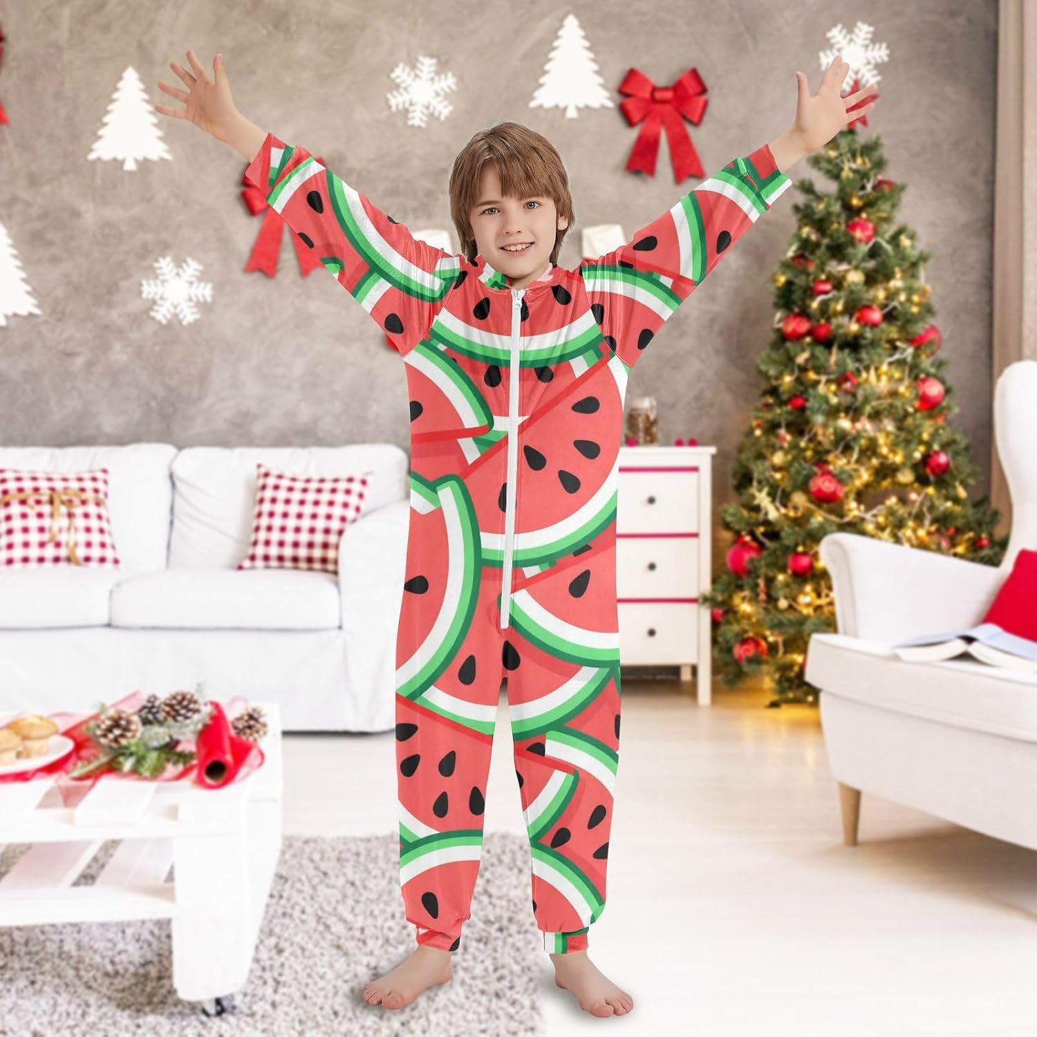 Cartoon Watermelon PileUnisex Onesie PajamasCute Soft Hooded Home Casual Pjsfor Parties Sleepovers