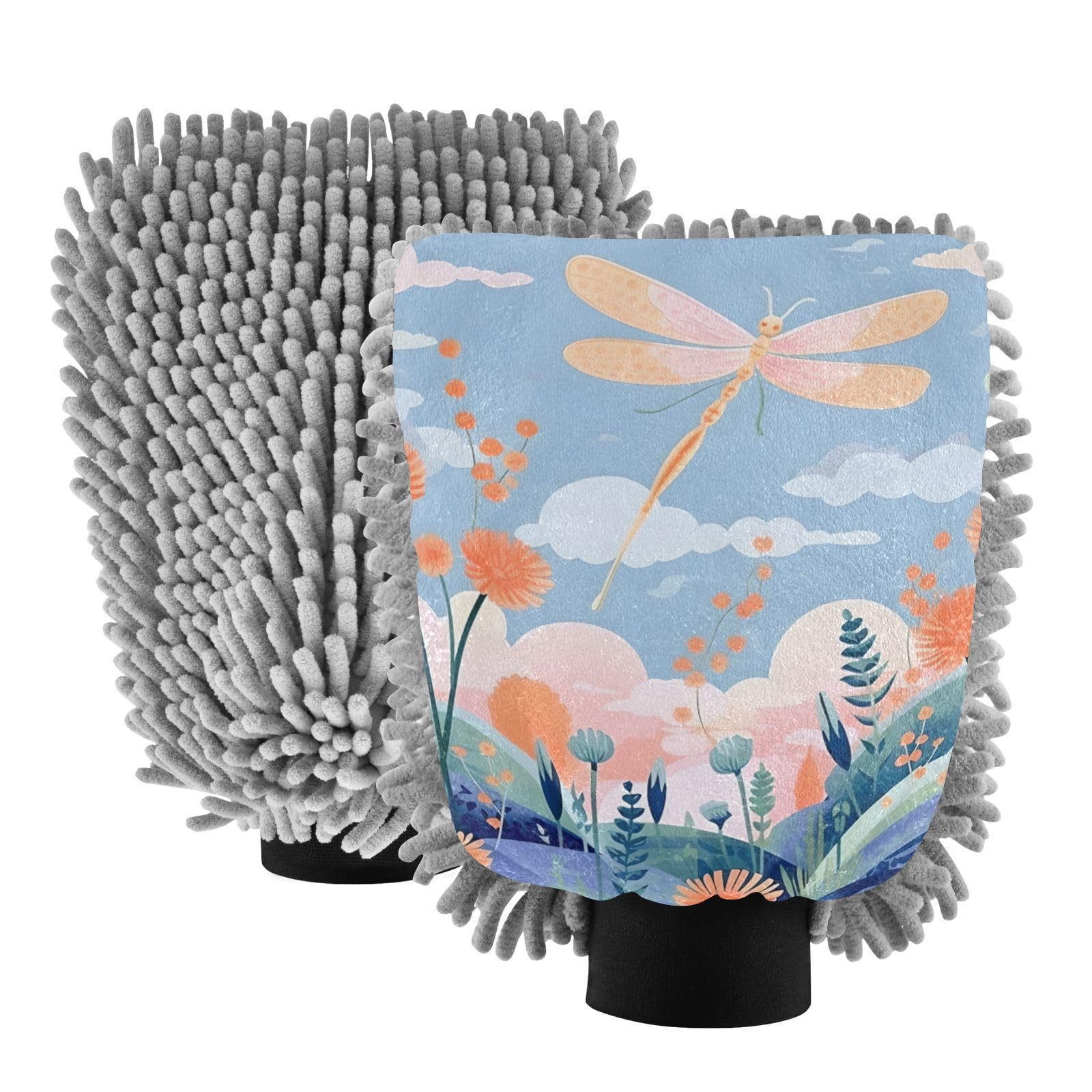 IOACIY Absorbent Microfiber Car Wash Drying Mitts, 2 Pack, Scratch-Free & Lint-Free, Rich Foam, Highly Absorbent, Double Sided, Wash Mitt Perfect for Car Washing, L, Dragonfly (10)