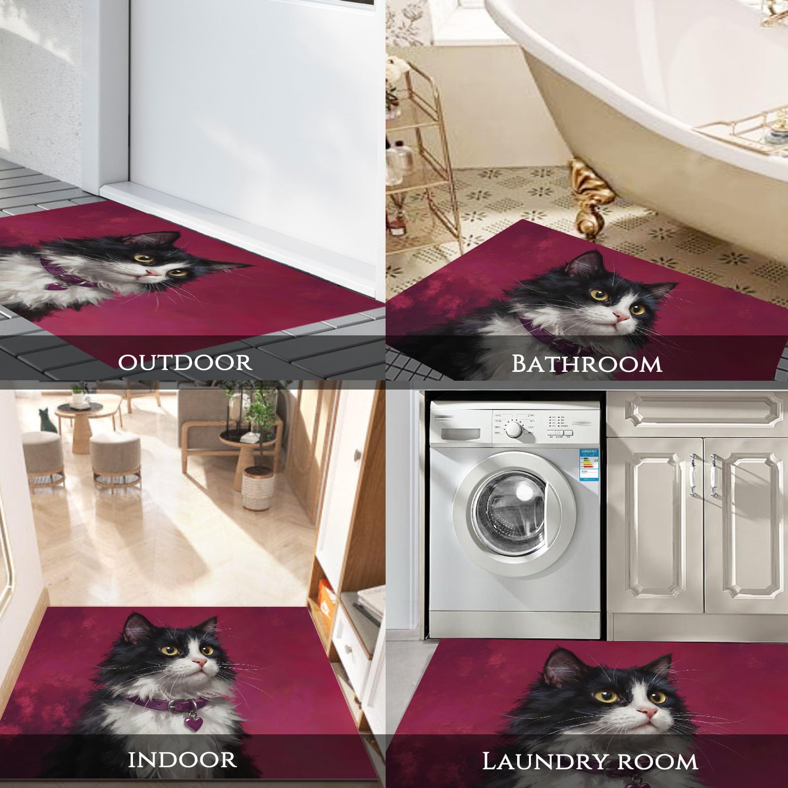 Felpudo Entrada Casa 60x120cm, Alfombra Puerta Retrato De Gato | Tapete Perfil Bajo Gato Blanco Y Negro, Súper Absorbente, Antideslizante, Lavable en la Lavadora para Entradas, Interiores y Cocinas