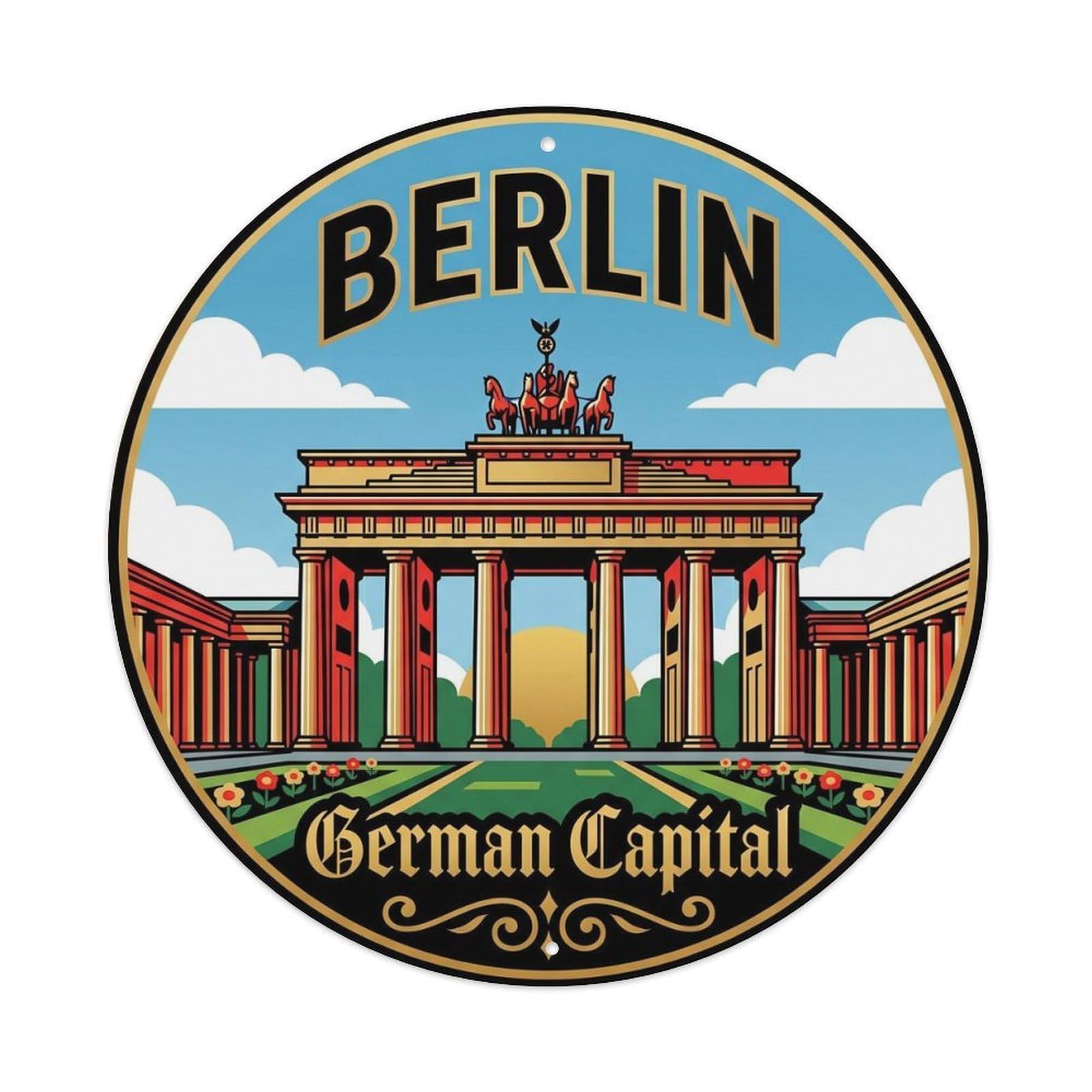 Vintage Travel Berlin Gate Germany 1 Metal Tin Sign Plaque Wall Decor for Cafe, Club, Garden Round Metal Poster 8x8Inch