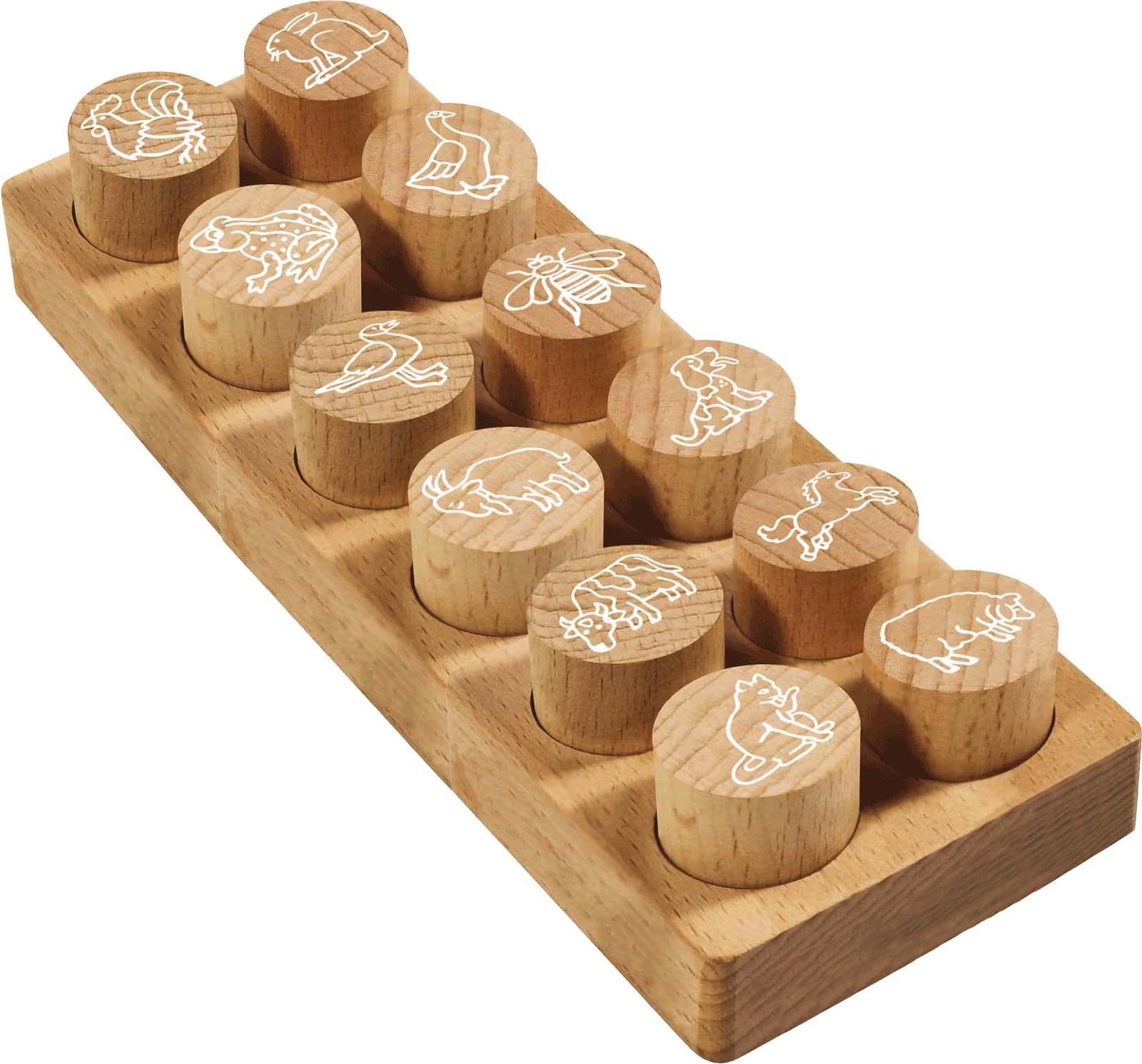 Juego de sellos de madera COLOP Woodies «Animales de granja» con 12 motivos, sellos identificativos y motivadores de madera de haya, tamaño de la impresión: Ø 29 mm, rectangular