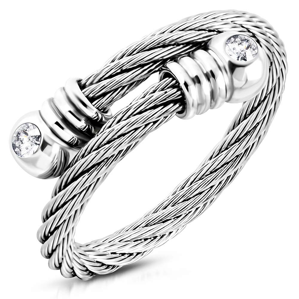 555Jewelry Anillo abierto ajustable de acero inoxidable con cable trenzado CZ para mujeres y niñas