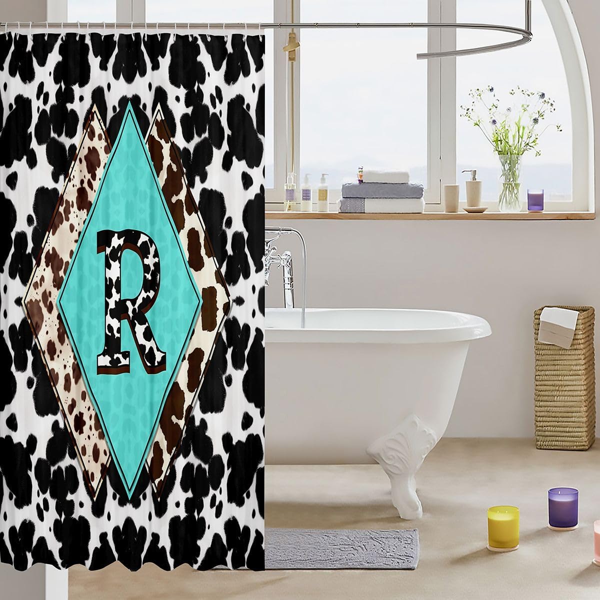 Black and White Cowhide Shower Curtain Set Highland Cow Print Western Bath Curtain 72"Wx72"L,Masculine Cottage Initial Letter R Personalized Mancave Alphabet Monogrammed Bathroom Accessories image 3