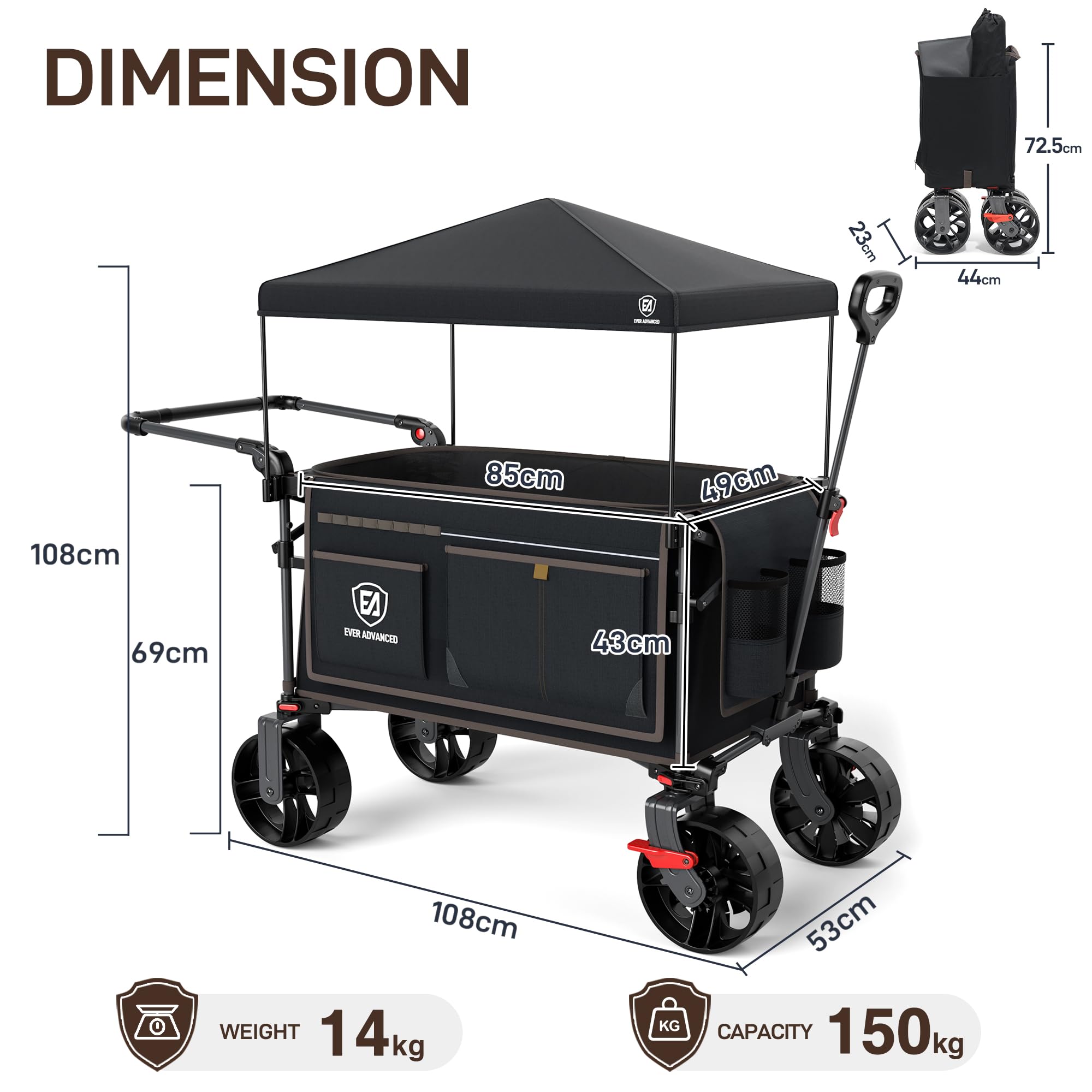 EVER ADVANCED Carrito de Festival de 228 L con Ruedas con toldo extraíble, Carrito de Camping Resistente de 150 kg, Carrito de Playa de Empuje y tracción con 3 Bolsillos Grandes, Negro