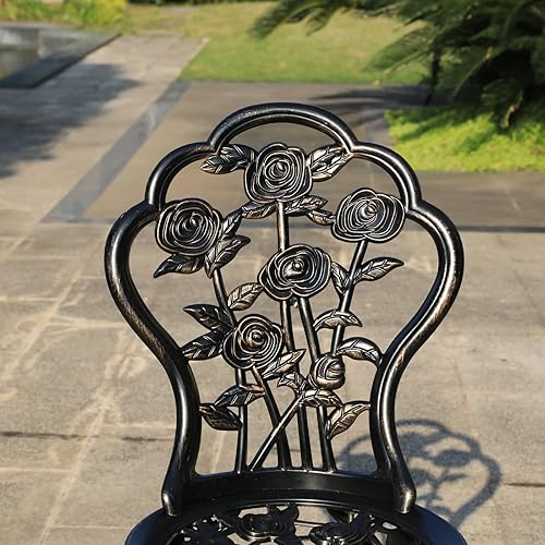 Miniatura 6 de KAILI Rose Garden - Sillas bistró de aluminio fundido, asientos decorativos para patio al aire libre, juego de 2, blanco y negro (silla rosa bronce)