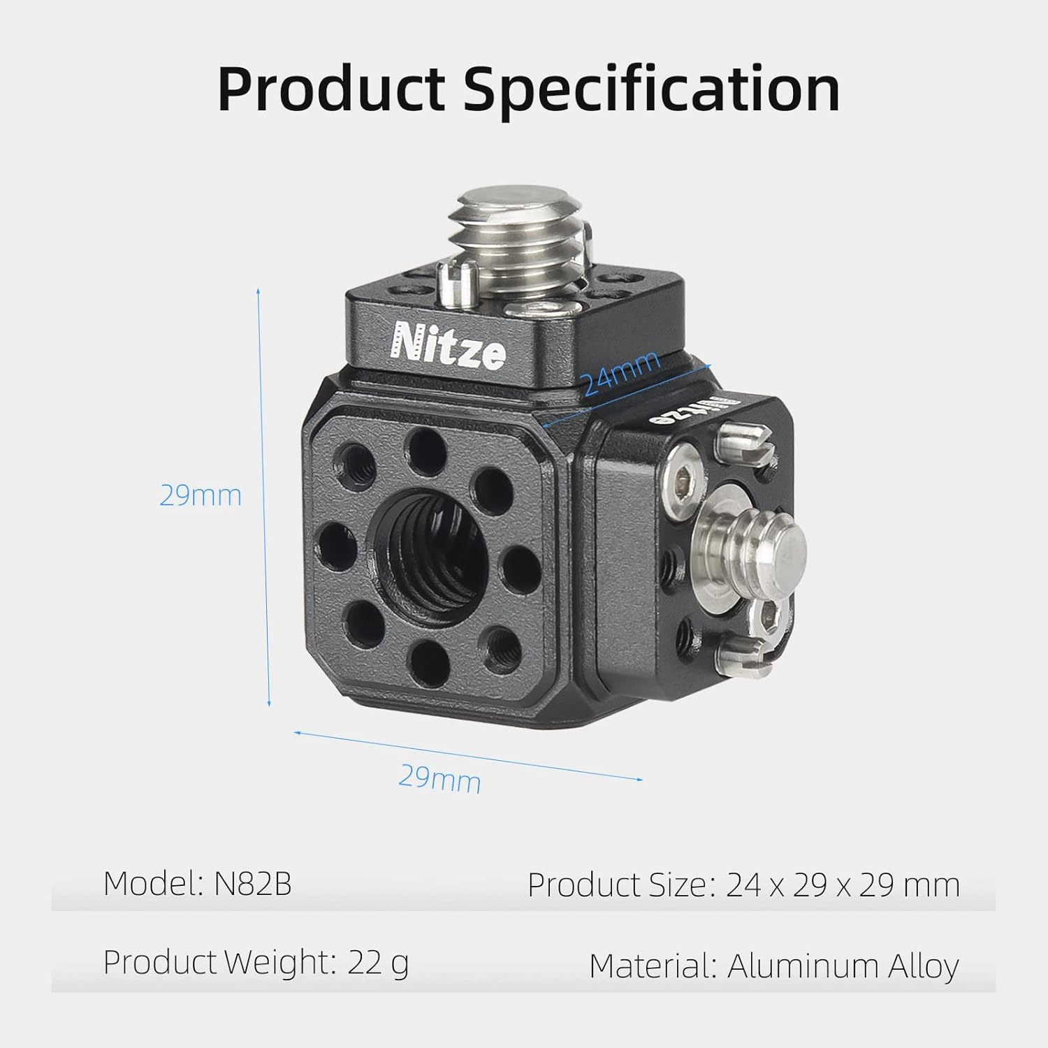 Nitze Camera Mount Cube Adapter (6-Sided) Universal Camera Mount with 1/4” Locating Holes, 3/8” Locating Holes, Cold Shoe Adapter, 1/4” Screws, 3/8” Screws and Locating Pins - N82B