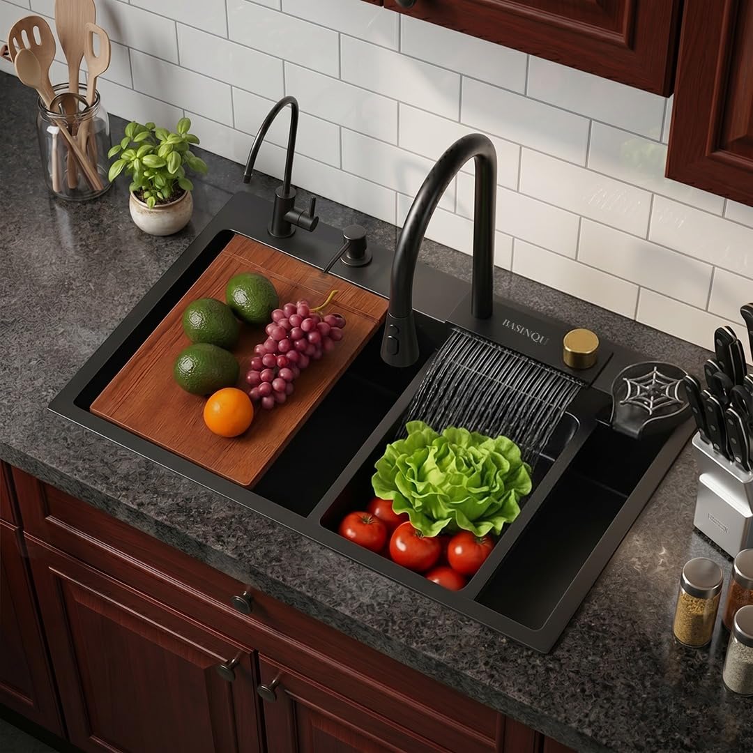 basinqu kitchen sink 30"x18"x9"inch waterfall kitchen sinks 304 stainless steel sink for kitchen basin with honeycomb black finish fully equipped integrated pull down faucet basin sink