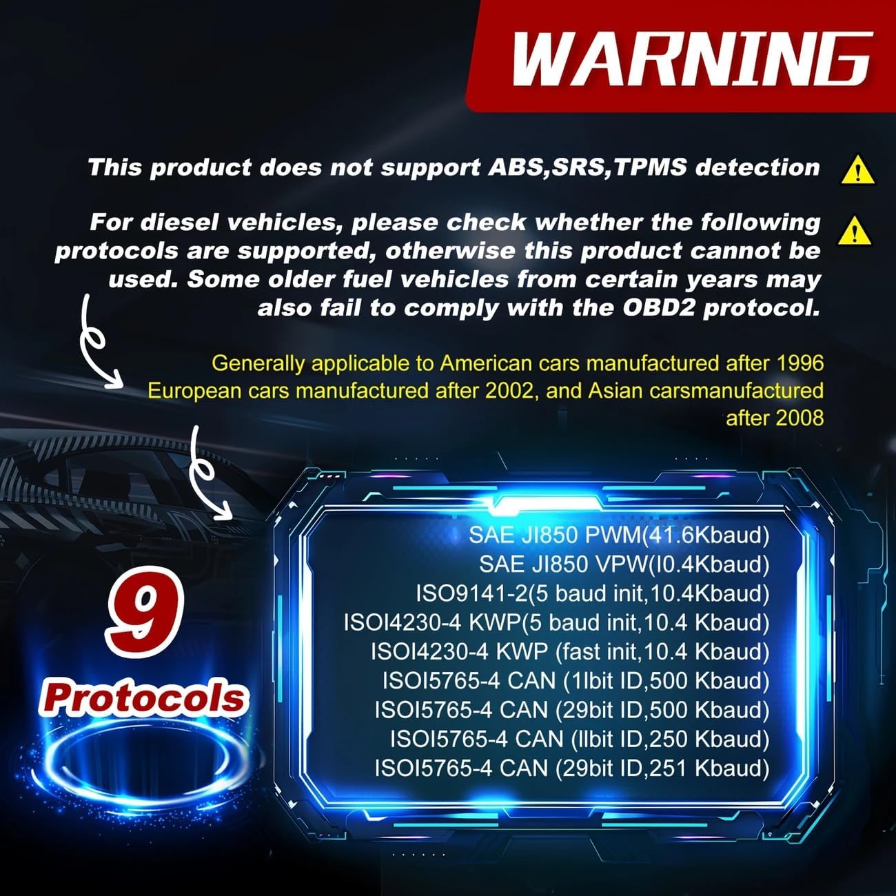 Warning message on V100 OBD2 Scanner screen regarding unsupported features and protocols