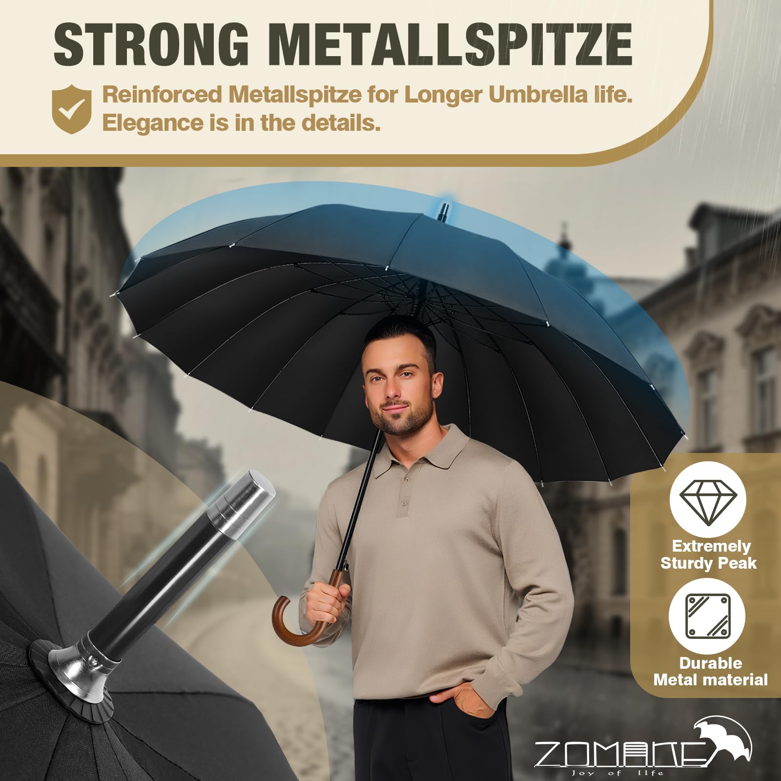 ZOMAKE Paraguas Grande XXL Antiviento 16 Varillas / 12 Varillas,120 cm Paraguas de Golf para Hombre Mujer,55 Pulgadas Parasol Largo Clásico con Bastones con Decoración de Anillas Metálicas