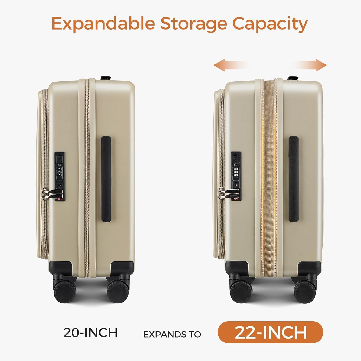 Carry On Luggage Top Opening with Cup Holder & Phone Holder, Expandable PC Hard Shell Suitcase, USB Charging Port, Side Hook, 360° Spinner Wheels, TSA Lock & YKK Zippers for Women Man Gifts - Image 4