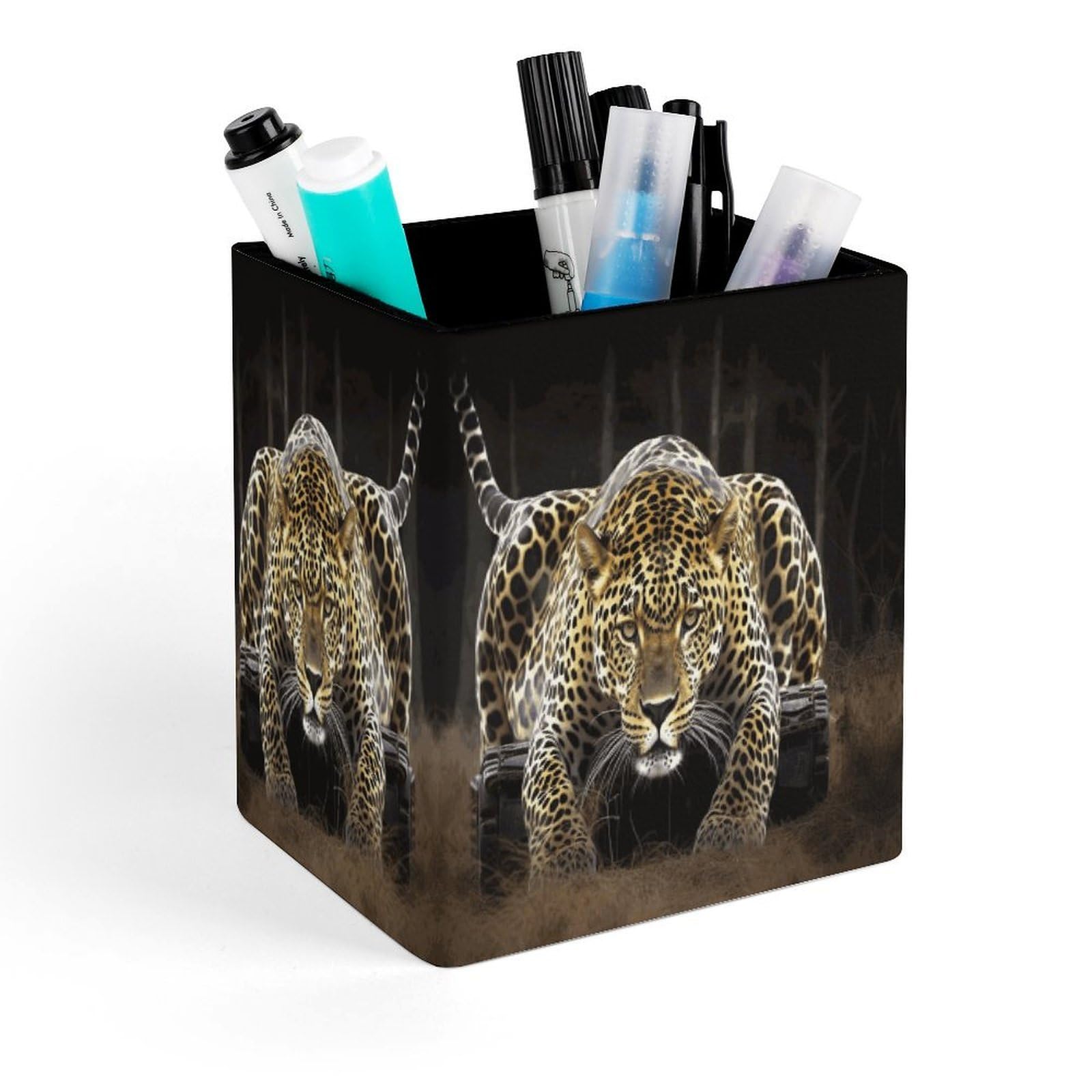 FekiLoot Leopard2 Pencil Holder for Desk Square Leather Pen Holder Cup Desktop Organizer Multi-Functional Pencil Cup Holders Modern Decorative Desk Organizer Caddy Makeup Brush Holders