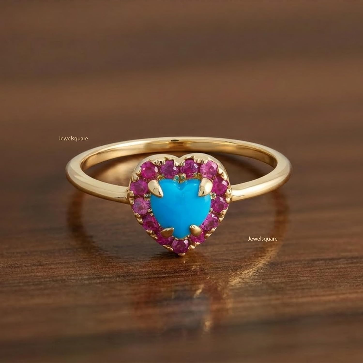Heart Arizona Turquoise & Ruby Gemstone Ring, Solid 9K/14K/18K Yellow Gold Thin Band, Minimalist Handmade Jewelry