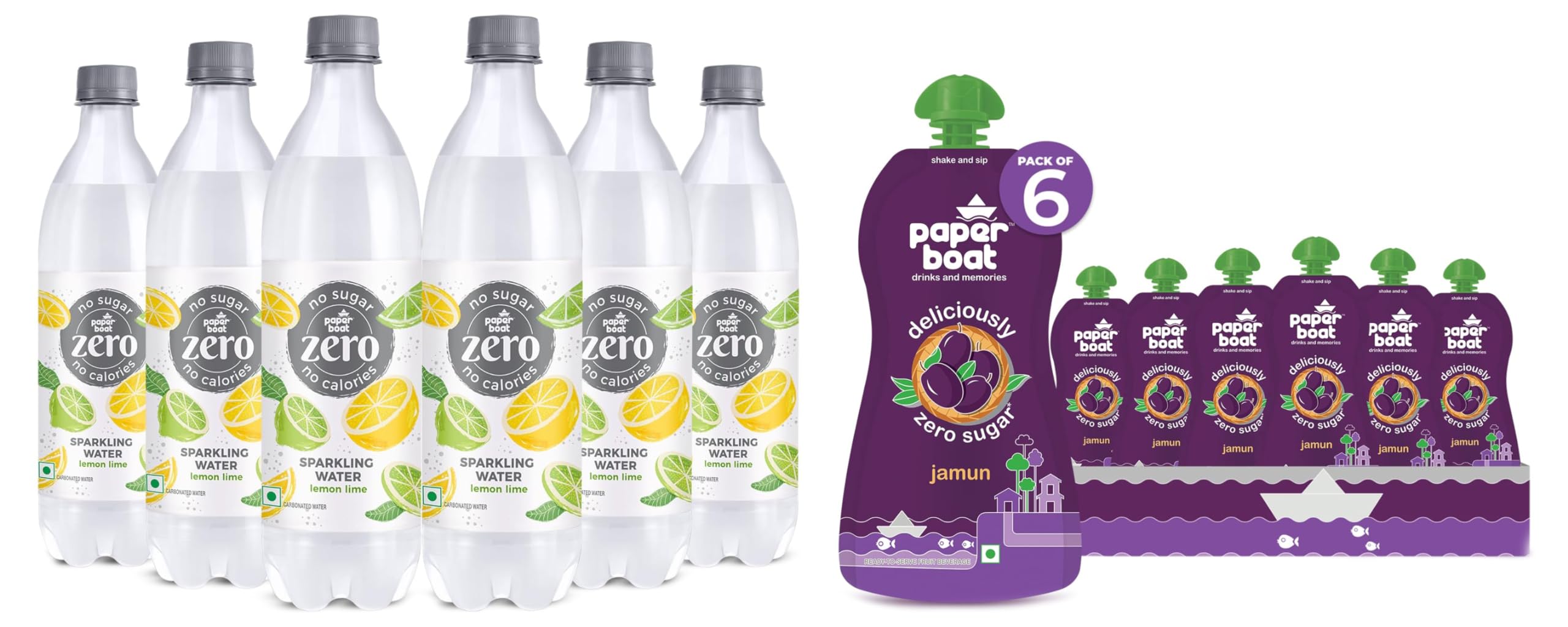 Lemon Lime Sparkling Water, Pack of 6, 600ml Each & Paper Boat Jamun, Fruit Juice, Zero Sugar Low-Calorie Drink (Pack of 6, 200ml each)