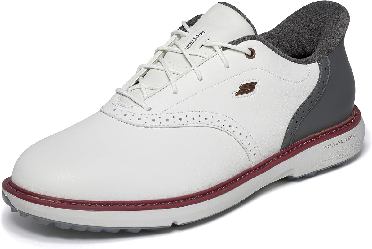 Skechers Go Golf Prestige 214125 WNVR White/Navy/Red Men Golf Shoes | Golf, Waterproof, Slip-ins, Arch Fit, ECO FLIGHT Cushioning, Premium Leather, Lightweight