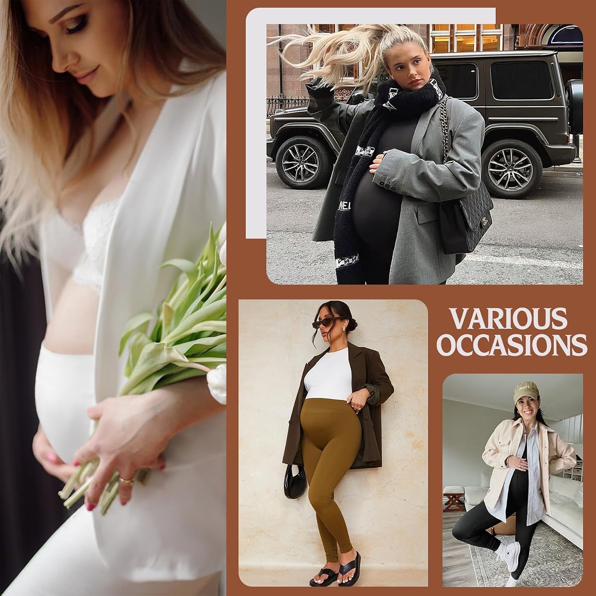 Pack de 4 leggings de maternidad para mujer con bolsillos sobre el levantamiento de glúteos - Pantalones de yoga para el embarazo Soft Workout