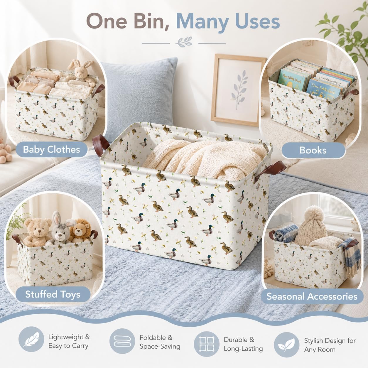 Large Fabric Storage Basket with Handles, Mallard Duck Print image 4