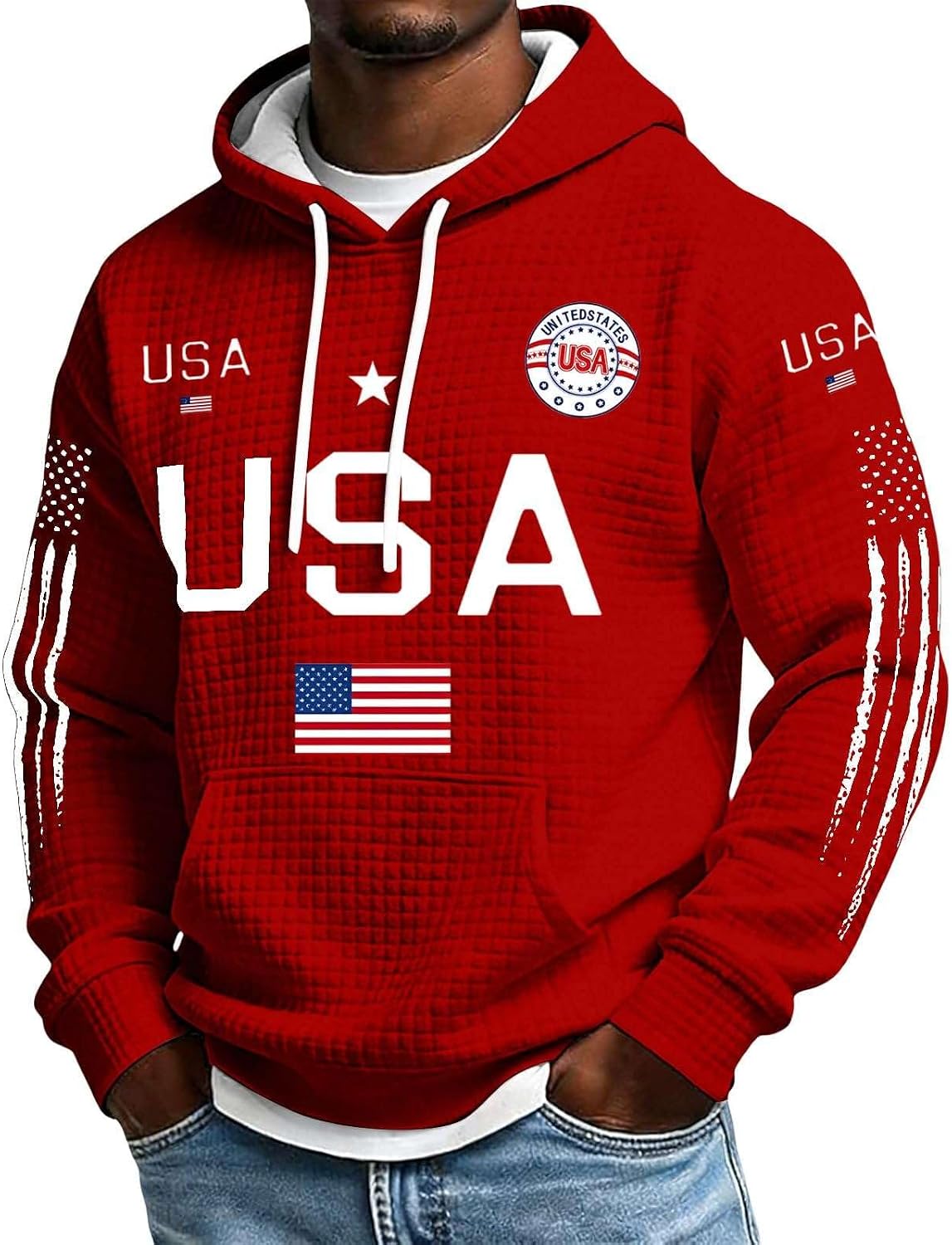 Men's USA 250th Anniversary Hoodie 1776-2026 Patriotic American Flag Waffle Print Hooded Sweatshirt