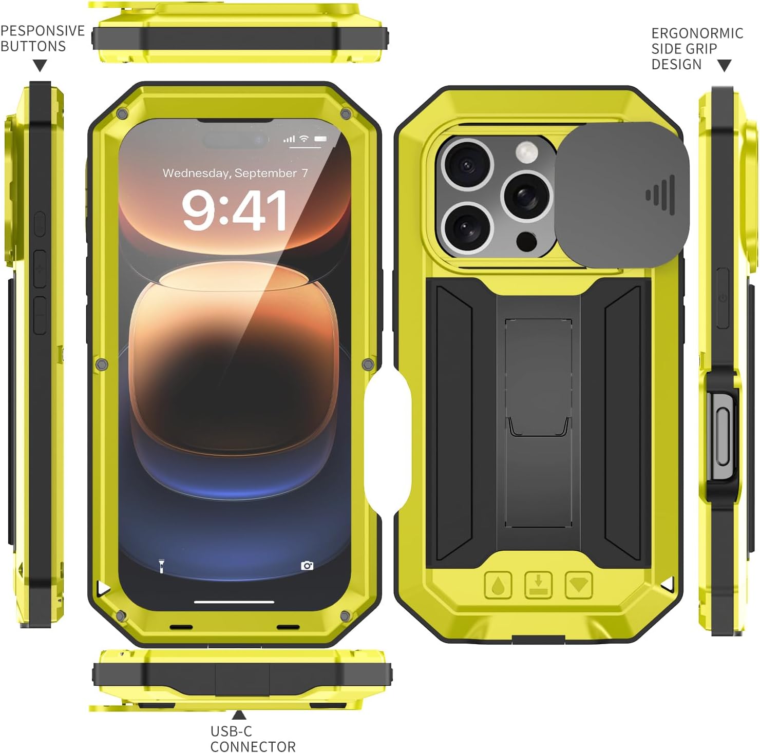Compatible with iPhone 16 Metal Heavy Duty Case with Camera Cover Stand Screen Protector Kickstand Full Body Military Sturdy Armour Armor Shockproof Dorp Test Protective Case (Yellow)