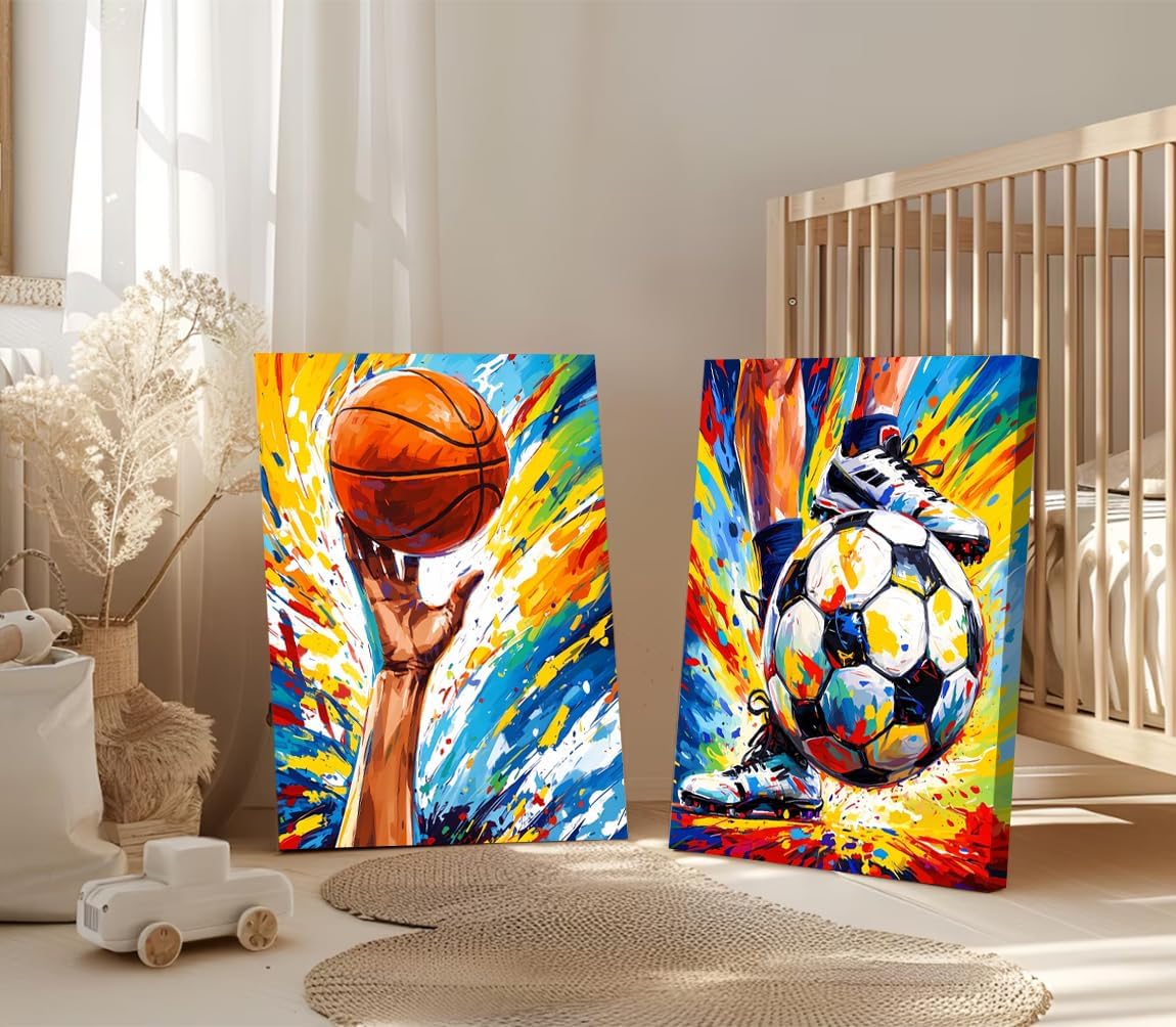 Framed Graffiti Soccer Wall Art,Sport Graffiti Fine Art Basketball Posters Wall Decor,Sports Theme Colorful Basketball Football Canvas Paintings for Boys Room Teen Kids Playroom Home Decor(12"x16")