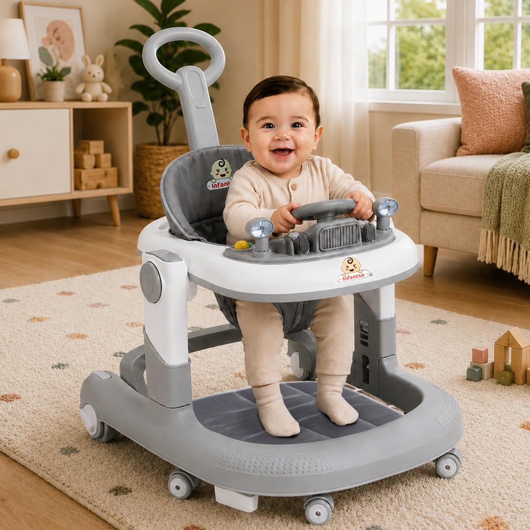 Infantso Vibe & Drive (4-in-1) 360° Premium Baby Walkers for 6-24 Months, Push Walker with Height Adjustment, Switchable Food-Toy Tray/Baby Activity Walker for Kids with Bouncer, Brake-Speed Control discount deal