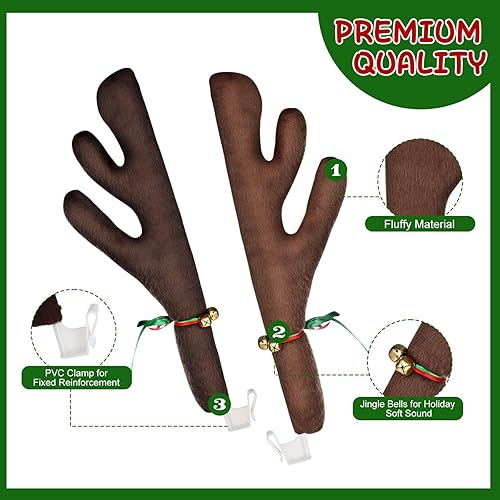 Miniatura 5 de Paquete de 2 cuernos de automóvil para Navidad con nariz, kit de cuernos de reno para automóvil, ventana de reno, techo y rejilla delantera,