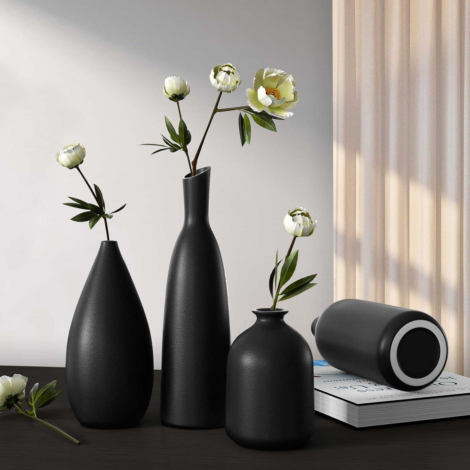 Black Ceramic Vase Set of 4,Modern Minimalist Vase Decor for Bookshelf,Dining Room Coffee Console Table Centerpieces