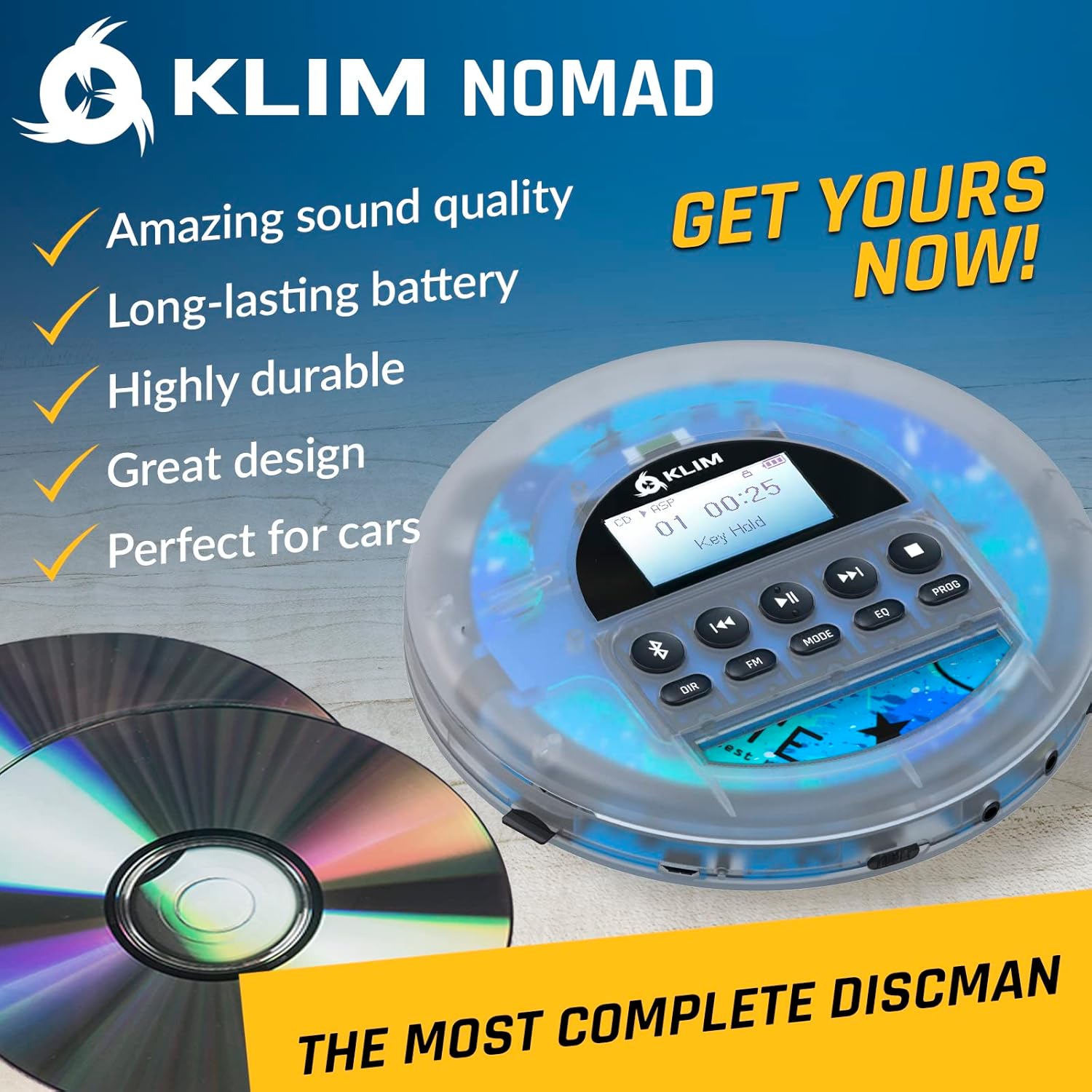 KLIM Nomad Transparent - New - Portable CD Player Walkman with Long-Lasting Battery - Includes Headphones - Radio FM - MP3 CD Player Portable - TF Card Radio FM Bluetooth - Ideal for Cars