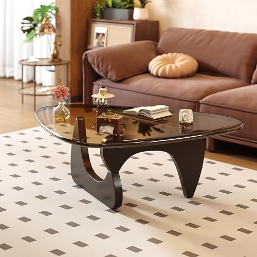 Coffee Table for Living Room Mid Century Modern Center Small Table with Glass Top and Wood, Black Brown