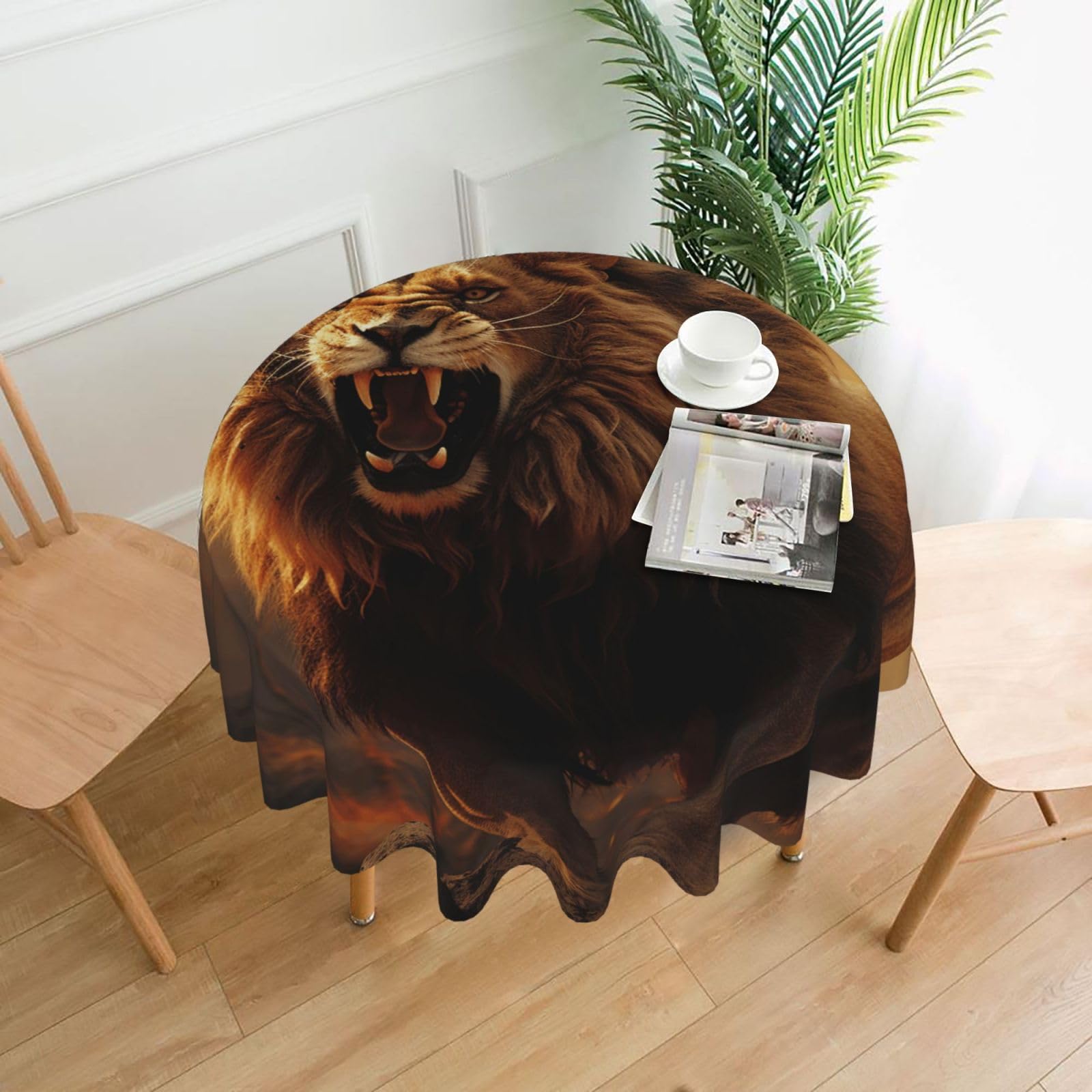 FodPand Angry Roaring Lion Tablecloths for Round Tables 60 Inch - Reusable Washable Dining Table Clothes - Stain and Wrinkle Resistant Decorative Fabric Table Cover for Wedding Party