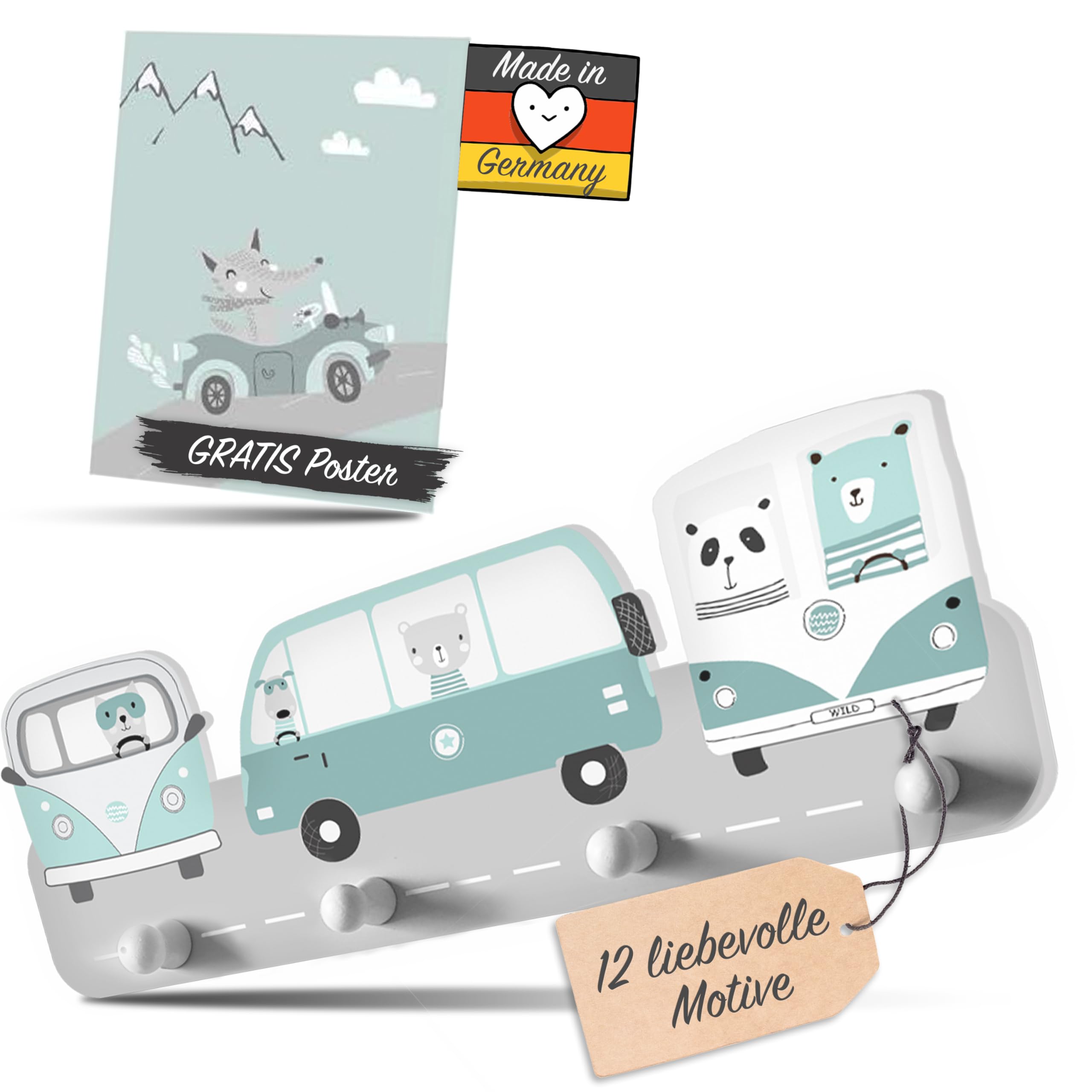 Kindsblick ® Kindergarderobe inkl. DIN A4 Poster - Garderobe mit 4 Kleiderhaken für Kinder - Wunderschöne Deko für jedes Kinderzimmer